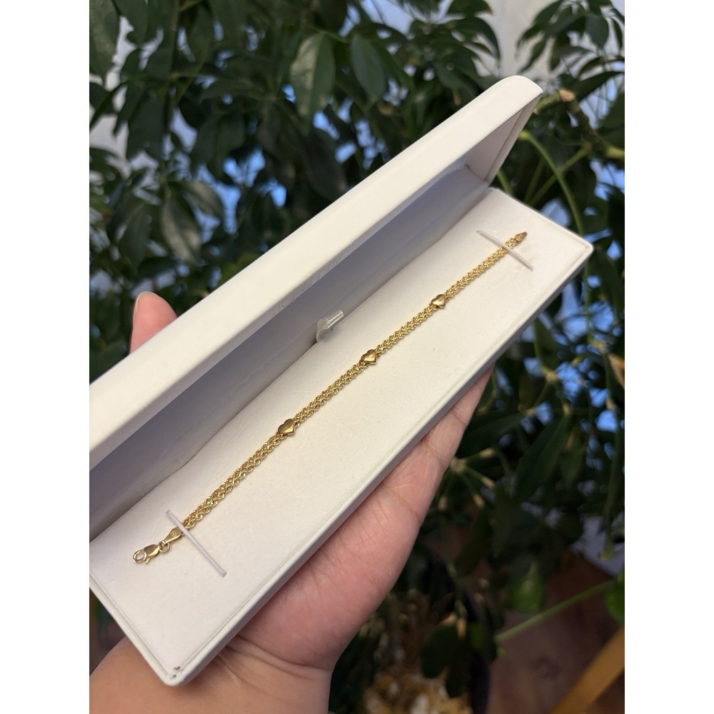 10K Yellow Gold Double Rope 3 Hearts Bracelet 7"